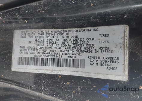 2003 Toyota Tacoma из США, поврежденный, VIN 5TEWM72N03Z221473